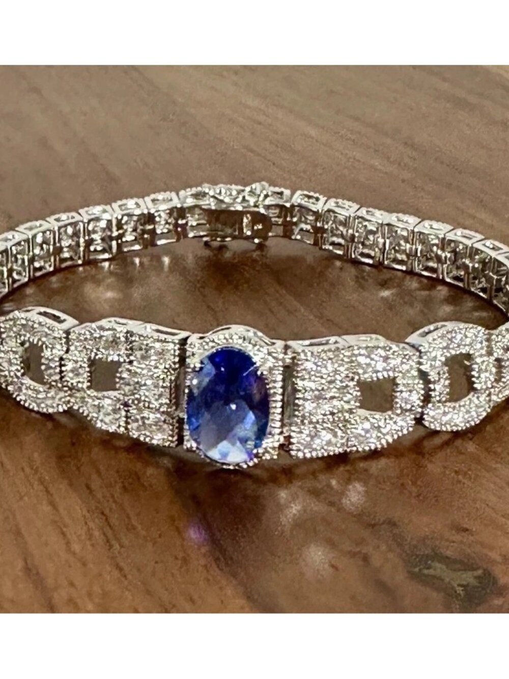 Art Deco Style Tennis Bracelet, Blue & Clear Rhinestones, Milgrain Look, 8 in